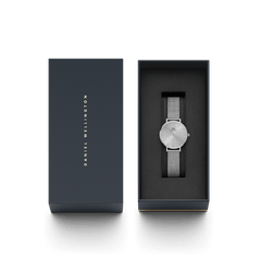 Petite Unitone Silver presented in a sleek branded box, featuring a minimalist silver dial and polished stainless steel mesh strap, ideal as a stylish gift or addition to your collection.