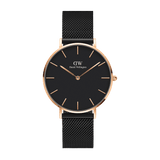 Petite Ashfield Rose Gold ladies watch featuring a minimalist black dial, rose gold case and markers, and an adjustable black mesh strap for a refined, contemporary look.