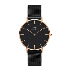 Petite Ashfield Rose Gold ladies watch featuring a minimalist black dial, rose gold case and markers, and an adjustable black mesh strap for a refined, contemporary look.