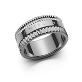 Wide silver ring with geometric textured edges and a polished centre engraved with the Daniel Wellington logo, showcasing a modern, architectural design.