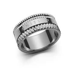 Wide silver ring with geometric textured edges and a polished centre engraved with the Daniel Wellington logo, showcasing a modern, architectural design.