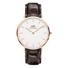 Classic York Rose Gold watch featuring a polished rose gold case, eggshell white minimalist dial, and a dark brown croc-embossed genuine leather strap with simple hour markers for a timeless, versatile look.