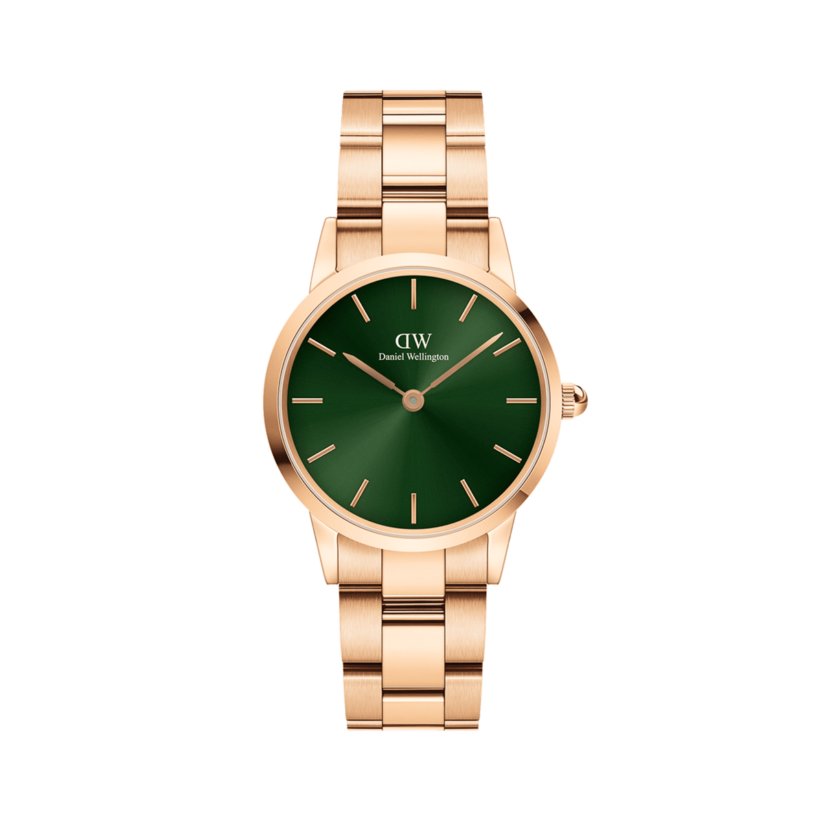 Iconic Link Emerald Green Rose Gold watch featuring a sleek rose gold stainless steel bracelet and a vibrant emerald green dial, designed with minimalist markers for a refined, modern look.