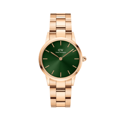 Iconic Link Emerald Green Rose Gold watch featuring a sleek rose gold stainless steel bracelet and a vibrant emerald green dial, designed with minimalist markers for a refined, modern look.