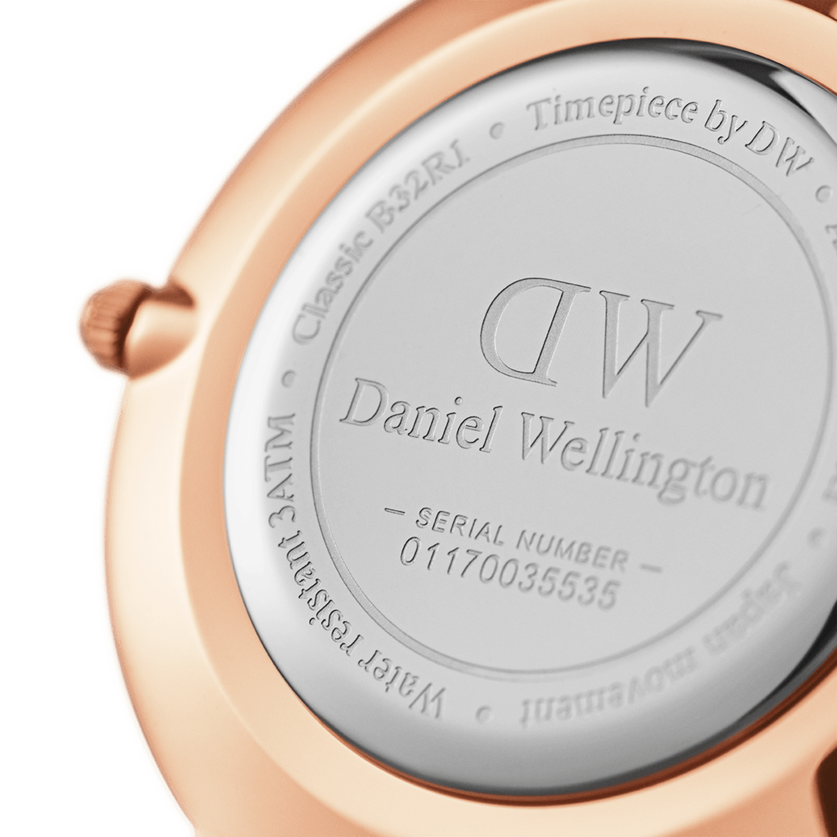 Back view of the Petite Sheffield Rose Gold ladies watch showing the stainless steel case back with engraved Daniel Wellington branding, water resistance marking, and unique serial number.