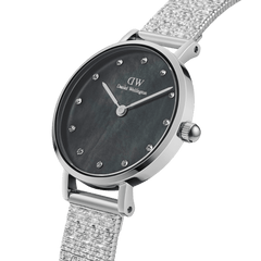 Petite Lumine Pressed Piano Black MoP Silver watch with a 28mm stainless steel mesh-inspired strap, an iridescent black mother of pearl dial, and sparkling crystal hour markers for an elegant, modern finish.