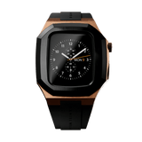 Switch Rose Gold Apple Watch case for men in brushed rose gold stainless steel with a bold black bezel, paired with a black FKM rubber strap and deployment clasp, designed for the 40mm Apple Watch Series 6, 5, 4, and SE.