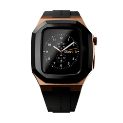 Switch Rose Gold Apple Watch case for men in brushed rose gold stainless steel with a bold black bezel, paired with a black FKM rubber strap and deployment clasp, designed for the 40mm Apple Watch Series 6, 5, 4, and SE.