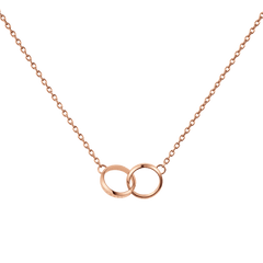 Rose gold necklace with a delicate chain featuring two interlocking polished rings as a fixed pendant, showcasing a minimalist and elegant design.