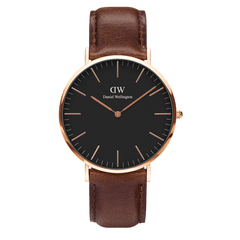 Classic Bristol Black Rose Gold watch with a black minimalist dial, rose gold stainless steel case, and an adjustable dark brown leather strap, ideal for both business and casual settings.