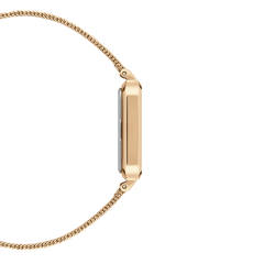 Side view of the Quadro Pressed Melrose Emerald ladies watch, showing the slim rectangular rose gold case and fine mesh bracelet, highlighting its lightweight and elegant profile.