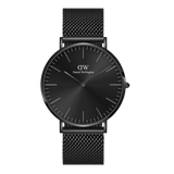 Classic Mesh Onyx Black men's watch with a 40mm black stainless steel case, minimalist black sunray dial, and woven mesh bracelet, showcasing a sleek monochrome design suitable for both formal and casual wear.