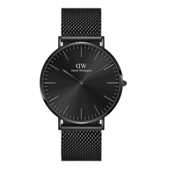 Classic Mesh Onyx Black men's watch with a 40mm black stainless steel case, minimalist black sunray dial, and woven mesh bracelet, showcasing a sleek monochrome design suitable for both formal and casual wear.