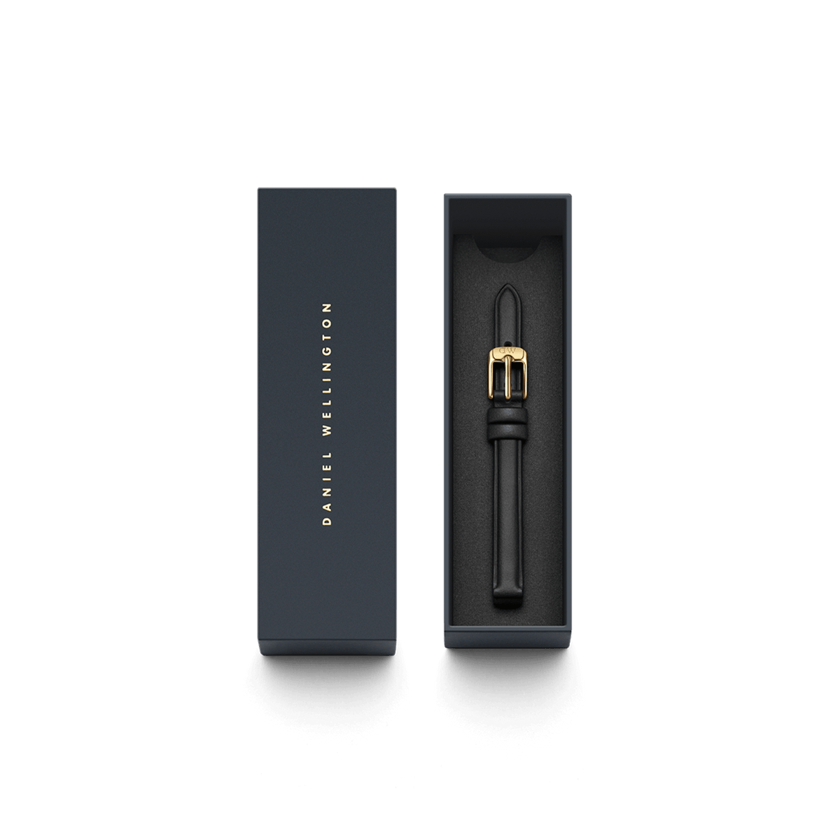 Pressed Sheffield Strap Gold in a Daniel Wellington presentation box, featuring a slim black leather strap with a gold buckle, ideal for adding a refined touch to smaller watch faces.