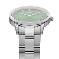 Side view of the Iconic Link Emerald Green Silver watch, showing the brushed stainless steel bracelet and the emerald green dial with minimalist markers.