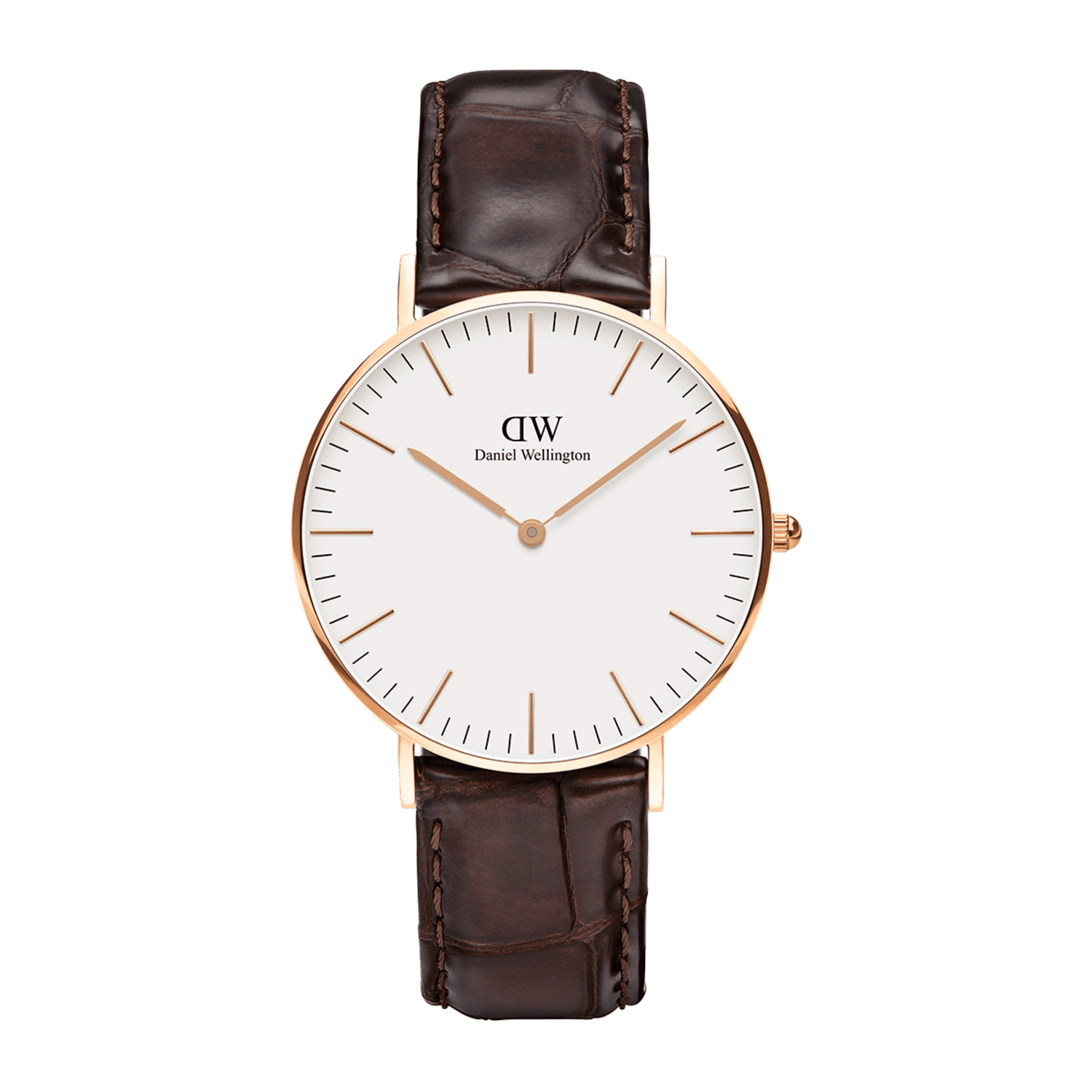 Classic York Rose Gold watch with a slim rose gold case, minimalist white dial, and dark brown croc-embossed genuine leather strap, featuring simple hour markers and a refined, timeless design.