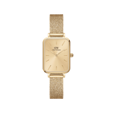 Quadro Pressed Unitone Gold women’s watch with a rectangular gold dial, pressed gold mesh strap, and minimalist hour markers, crafted in stainless steel with a gold PVD finish.