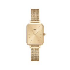 Quadro Pressed Unitone Gold women’s watch with a rectangular gold dial, pressed gold mesh strap, and minimalist hour markers, crafted in stainless steel with a gold PVD finish.