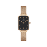Quadro Pressed Melrose Black Rose Gold watch featuring a slim rectangular black dial, rose gold mesh bracelet, and minimalist hour markers, designed for women seeking a refined and versatile accessory.