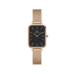 Quadro Pressed Melrose Black Rose Gold watch featuring a slim rectangular black dial, rose gold mesh bracelet, and minimalist hour markers, designed for women seeking a refined and versatile accessory.