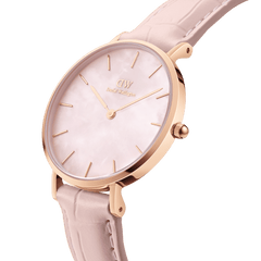 Elegant Petite Rouge Pink MoP Rose Gold watch with a rose gold stainless steel case, pink mother of pearl dial, minimalist markers, and a soft pink croc-pattern leather strap, shown in a close-up side angle.