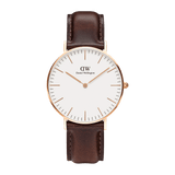 Classic Bristol Rose Gold watch featuring a slim rose gold case, minimalist white dial, and a dark brown genuine leather strap, designed for both men and women seeking a refined, everyday accessory.