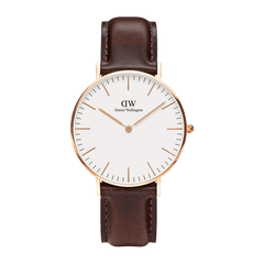 Classic Bristol Rose Gold watch featuring a slim rose gold case, minimalist white dial, and a dark brown genuine leather strap, designed for both men and women seeking a refined, everyday accessory.