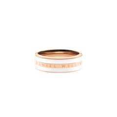 Daniel Wellington Emalie Ring Satin White Rose Gold featuring a polished rose gold band with satin white enamel detailing and engraved branding, designed in a slim, minimalist style ideal for stacking or wearing solo.
