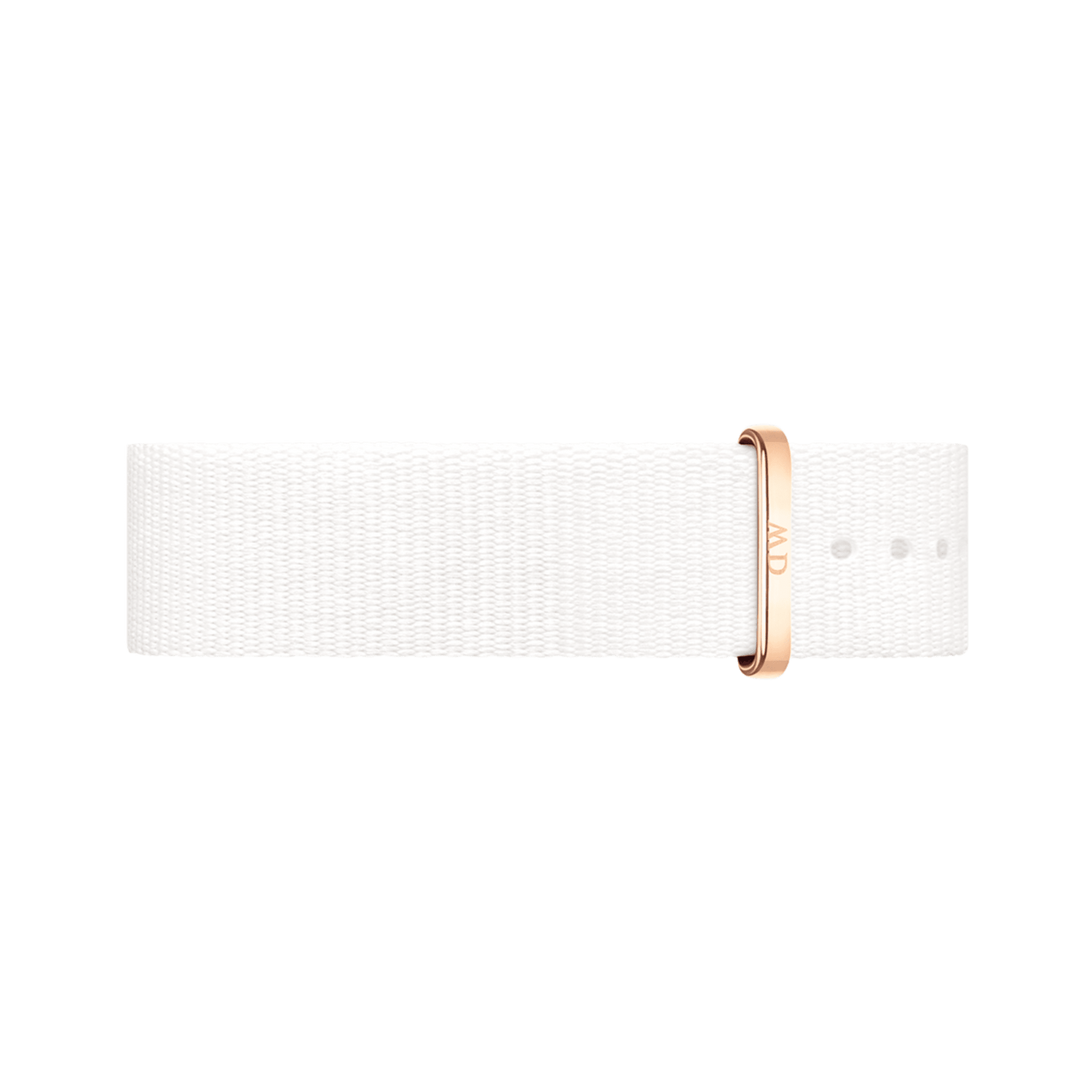 White NATO style watch strap in durable polyester with a rose gold buckle, featuring a minimalist design and adjustable holes for a modern, versatile look.