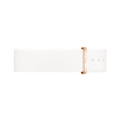 White NATO style watch strap in durable polyester with a rose gold buckle, featuring a minimalist design and adjustable holes for a modern, versatile look.