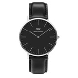 Classic Sheffield Black Silver watch with a black dial, slim silver markers, and a genuine black leather strap, featuring a polished silver case and minimalist design suitable for both formal and casual wear.