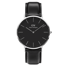 Classic Sheffield Black Silver watch with a black dial, slim silver markers, and a genuine black leather strap, featuring a polished silver case and minimalist design suitable for both formal and casual wear.