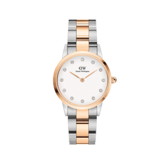 Elegant Iconic Link Lumine Rose Gold ladies watch with a two-tone stainless steel and rose gold bracelet, eggshell white dial, and crystal hour markers, designed for a comfortable fit and timeless style.