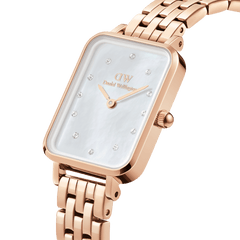 Quadro Lumine 5 Link Melrose White MoP Rose Gold ladies watch featuring a rectangular rose gold case, white mother of pearl dial with crystal hour markers, and a polished 5-link rose gold bracelet.