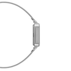 Quadro Studio ladies watch shown from the side, highlighting the slim square case and flexible silver piano link strap crafted from plated stainless steel.