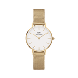 Petite Evergold gold mesh strap watch by Daniel Wellington with a minimalist eggshell white dial, slim gold hour markers, and an adjustable stainless steel band for a refined everyday look.