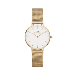 Petite Evergold gold mesh strap watch by Daniel Wellington with a minimalist eggshell white dial, slim gold hour markers, and an adjustable stainless steel band for a refined everyday look.