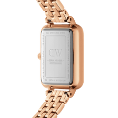 Close-up of the Quadro Lumine 5 Link Melrose White MoP Rose Gold ladies watch showing the stainless steel case back, rose gold bracelet links, and engraved details highlighting water resistance and Japanese movement.