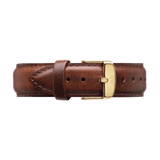 St Mawes Strap Gold features smooth brown genuine leather with visible stitching and a gold buckle, providing a classic and comfortable replacement strap for Daniel Wellington watches.