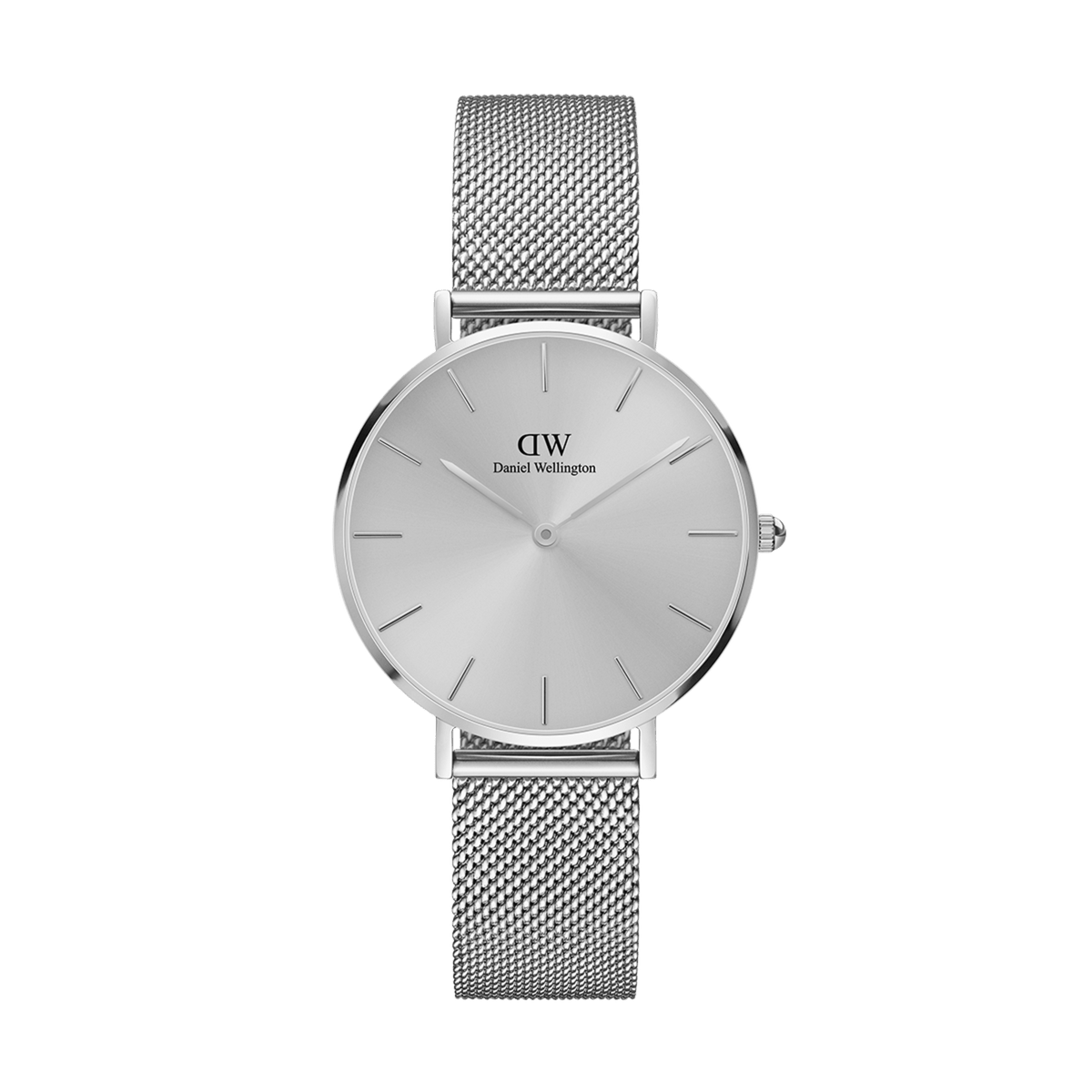 Petite Unitone Silver showcases a classic round dial with minimalist silver hour markers and a sleek stainless steel mesh strap, offering a refined and contemporary style suitable for everyday wear.