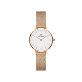Petite Pressed Melrose Rose Gold ladies watch with a slim rose gold mesh strap and minimalist white dial, featuring a petite 24mm case for a refined, comfortable fit.