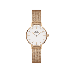 Petite Pressed Melrose Rose Gold ladies watch with a slim rose gold mesh strap and minimalist white dial, featuring a petite 24mm case for a refined, comfortable fit.