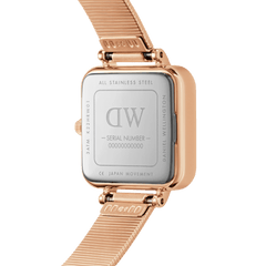 Back view of the Quadro Studio Green Rose Gold ladies watch, showing the stainless steel case, engraved branding, and piano link mesh strap.
