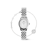 A petite oval silver watch with a polished link strap and minimalist white dial featuring Roman numerals, paired with a delicate silver bracelet accented by a mother of pearl charm and fine detailing.