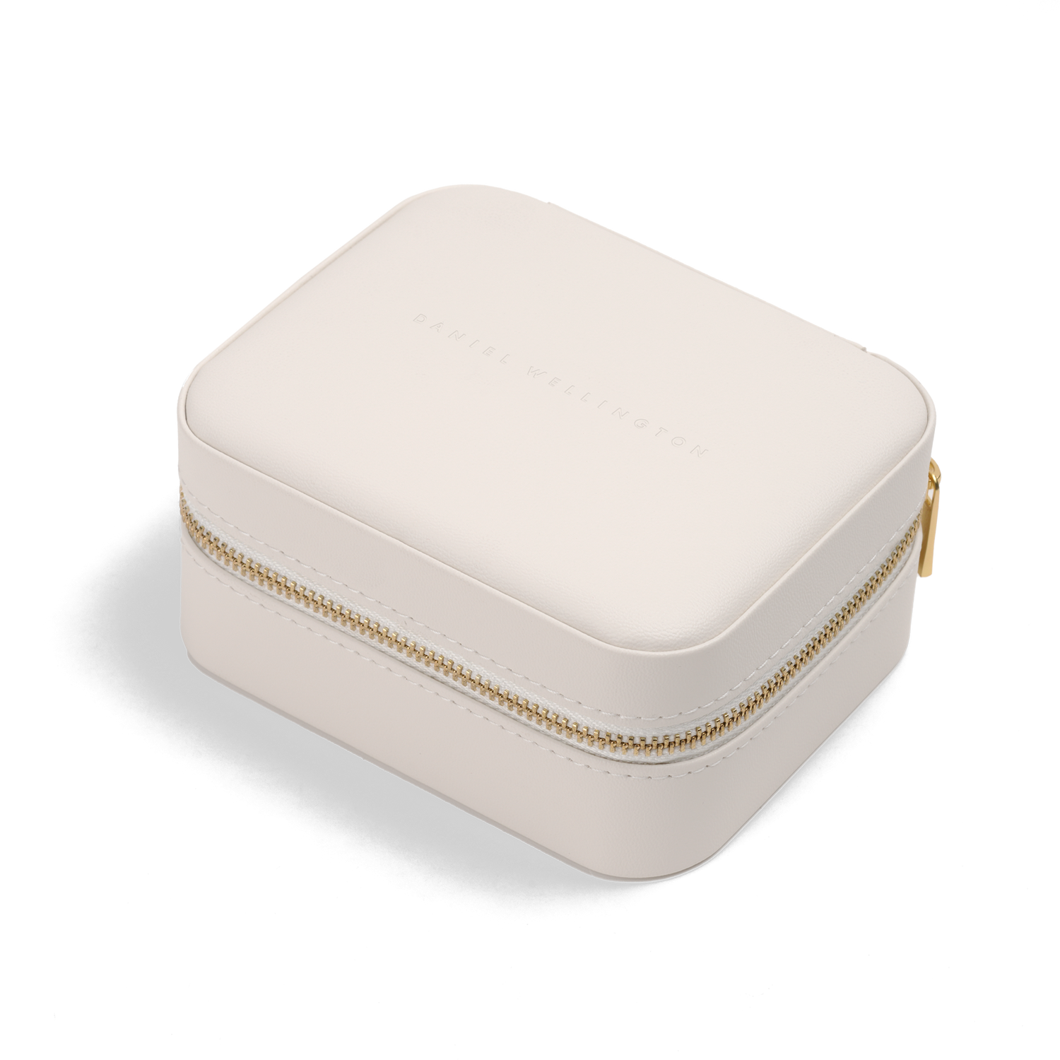 Travel Jewellery Box White featuring a sleek white exterior, gold zip closure, and compact design, ideal for keeping jewellery organised and protected during travel or daily use.