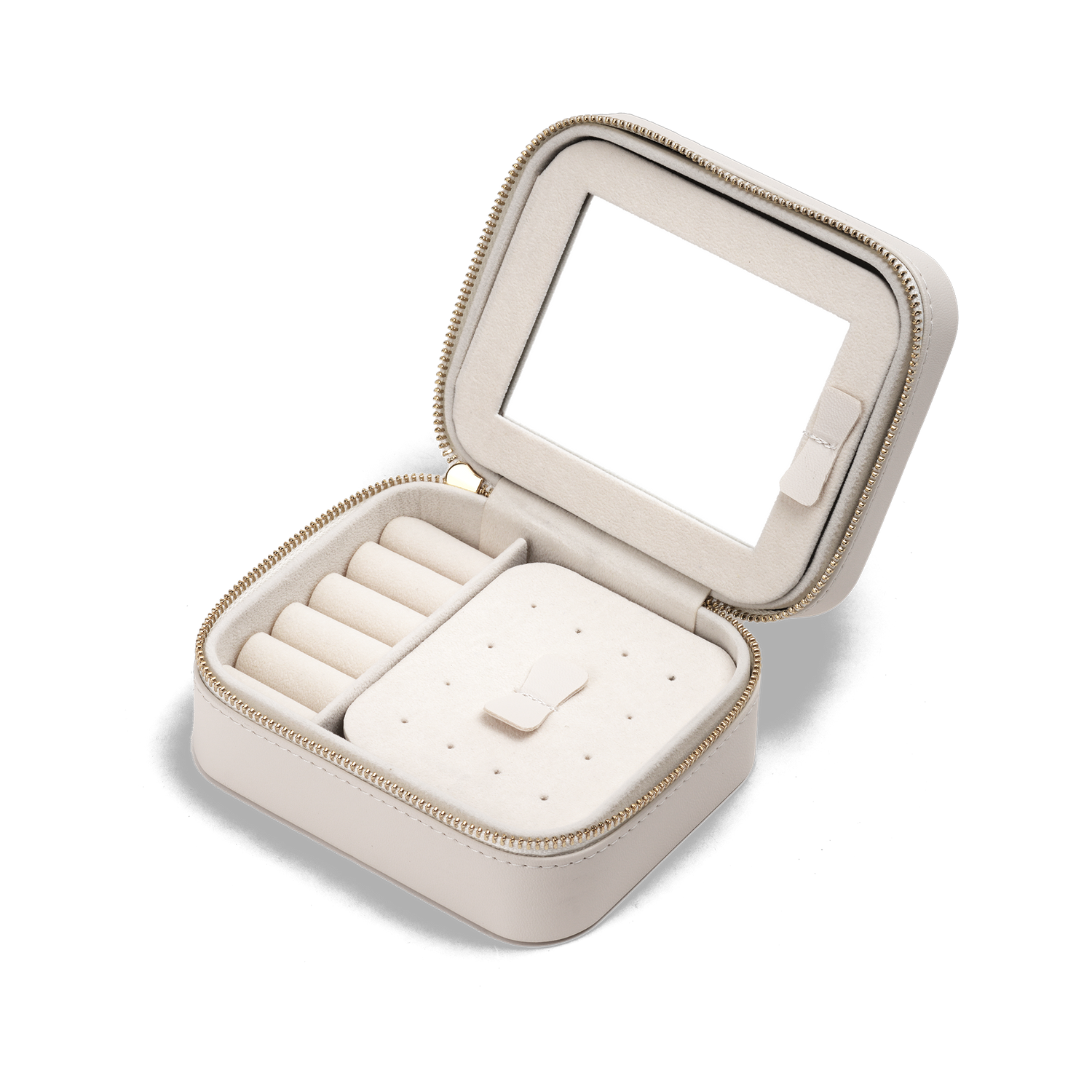 Travel Jewellery Box White with a soft white exterior, gold zip, and plush interior, featuring ring rolls, compartments for earrings and necklaces, a pouch pocket, and a built-in mirror for organised jewellery storage on the go.