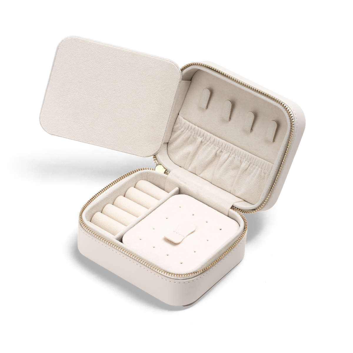 Travel Jewellery Box White with a soft white finish, gold zip, and plush interior, featuring ring rolls, earring holders, and a pouch pocket for organised jewellery storage during travel or at home.