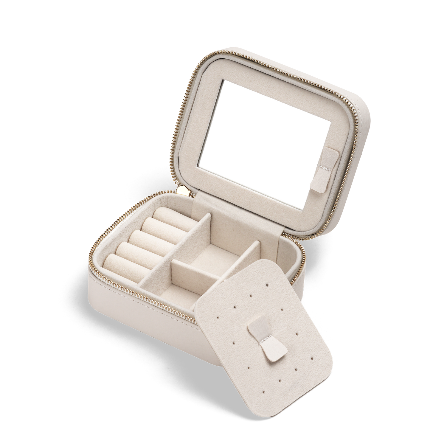 Travel Jewellery Box White with a soft white exterior, gold zip, and removable divider, showing ring rolls, multiple compartments, and a built-in mirror for organised jewellery storage and easy access.