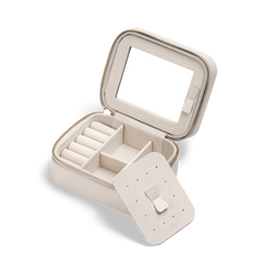 Travel Jewellery Box White with a soft white exterior, gold zip, and removable divider, showing ring rolls, multiple compartments, and a built-in mirror for organised jewellery storage and easy access.