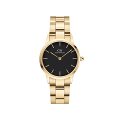 Iconic Link Black Gold watch by Daniel Wellington featuring a round black dial, slim gold hour markers, and a polished gold stainless steel link bracelet with an adjustable strap.